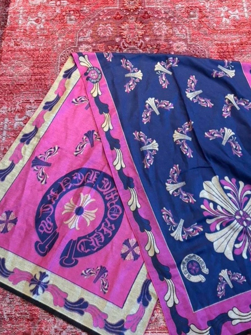 Chrome Hearts Navy Scarf with Pink and Cream Crest